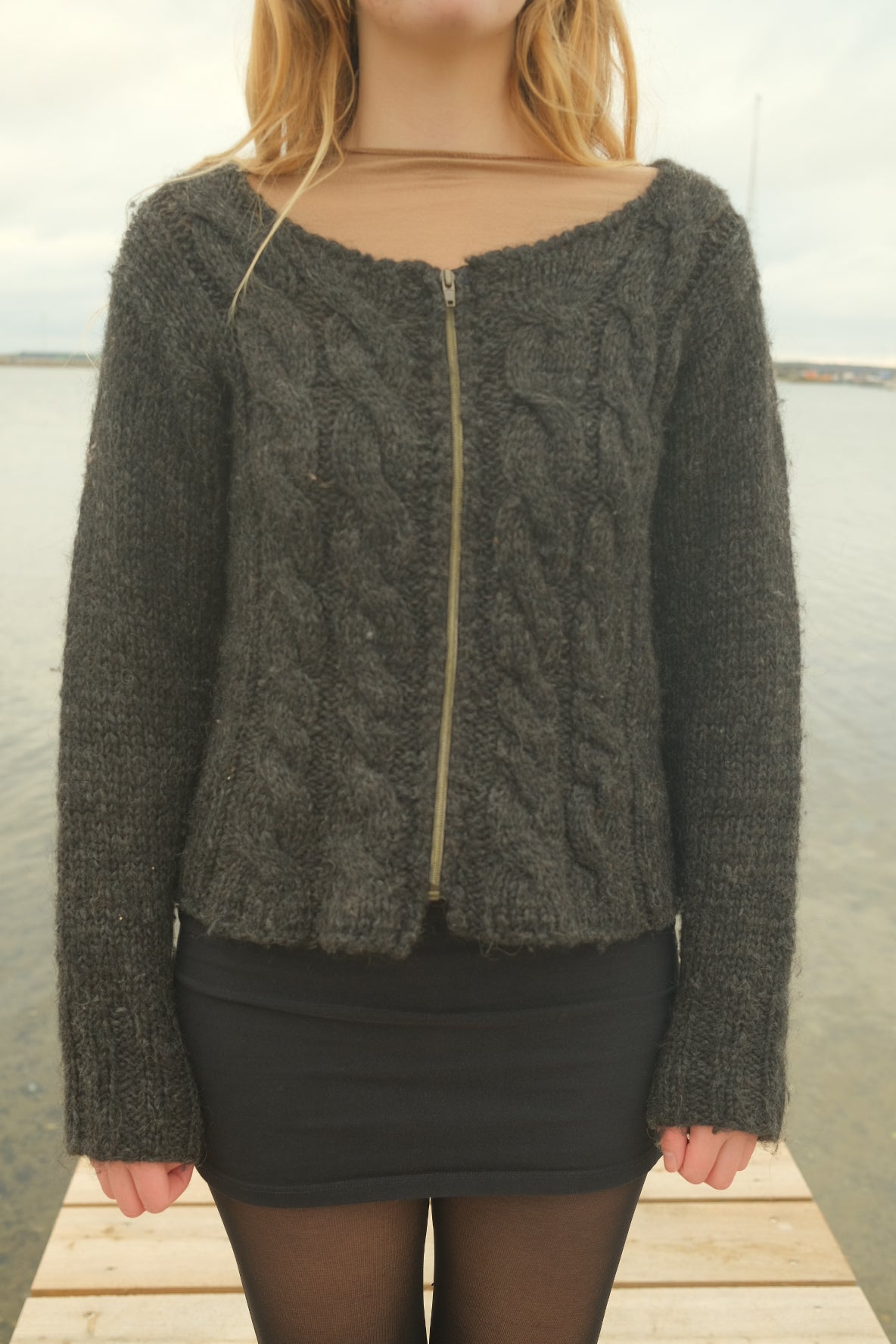 Grey cable knit with zipper