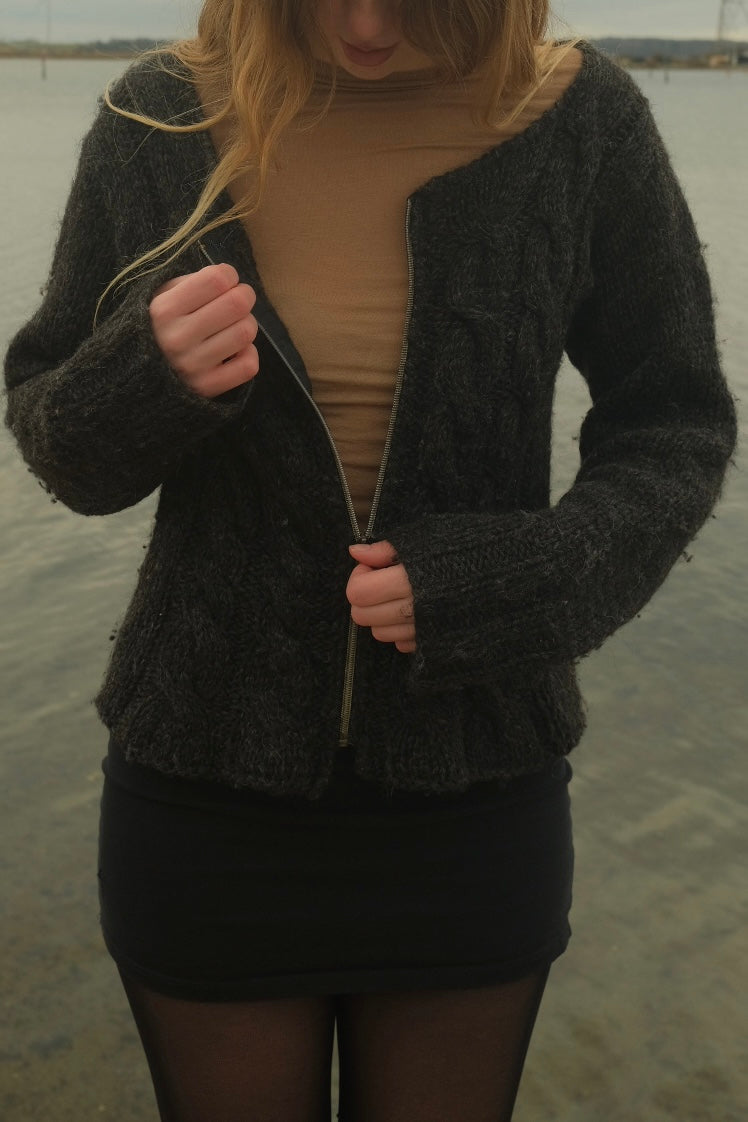 Grey cable knit with zipper