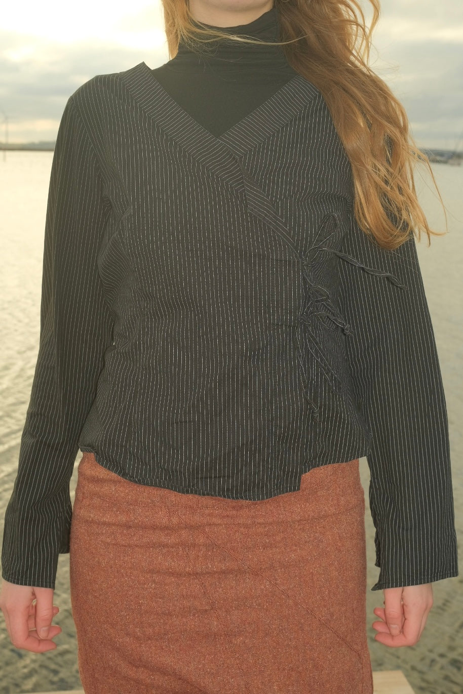 Black pinstripe shirt with tie closure