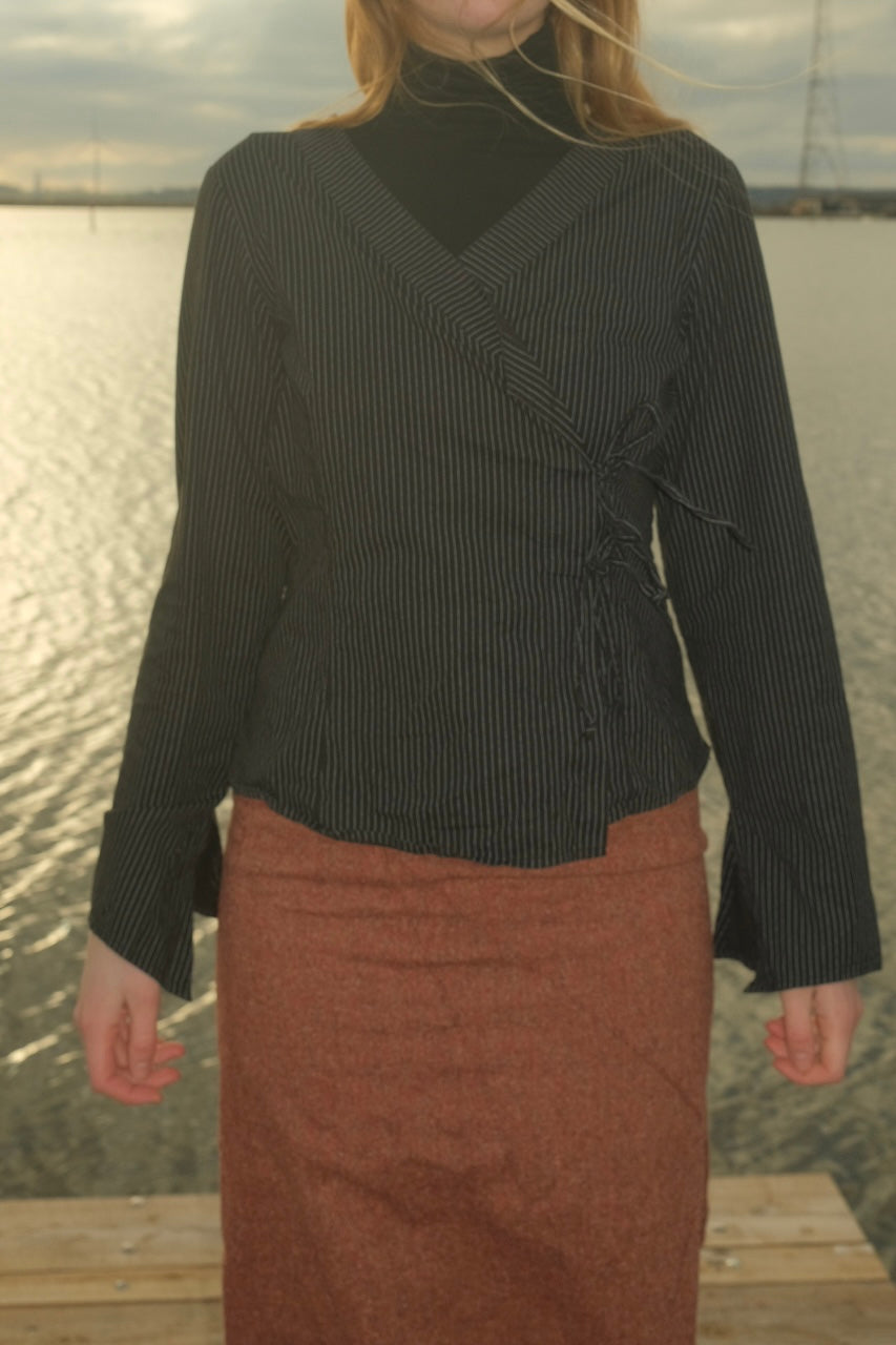 Black pinstripe shirt with tie closure