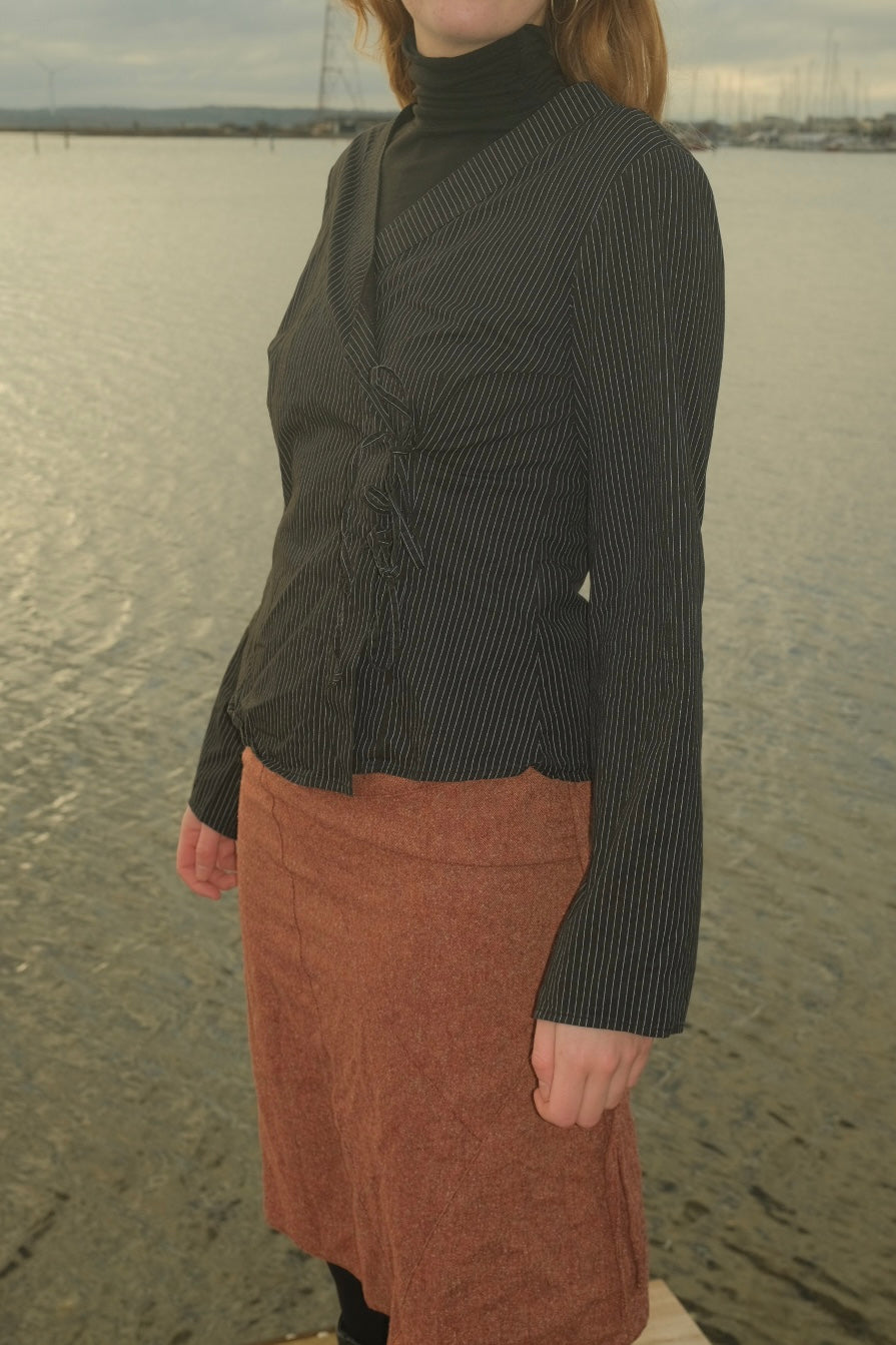 Black pinstripe shirt with tie closure