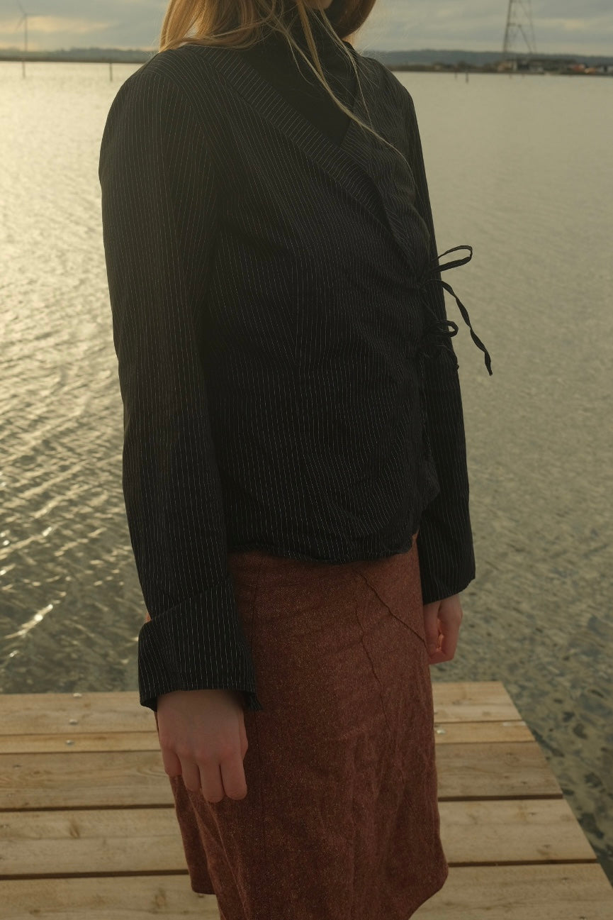Black pinstripe shirt with tie closure
