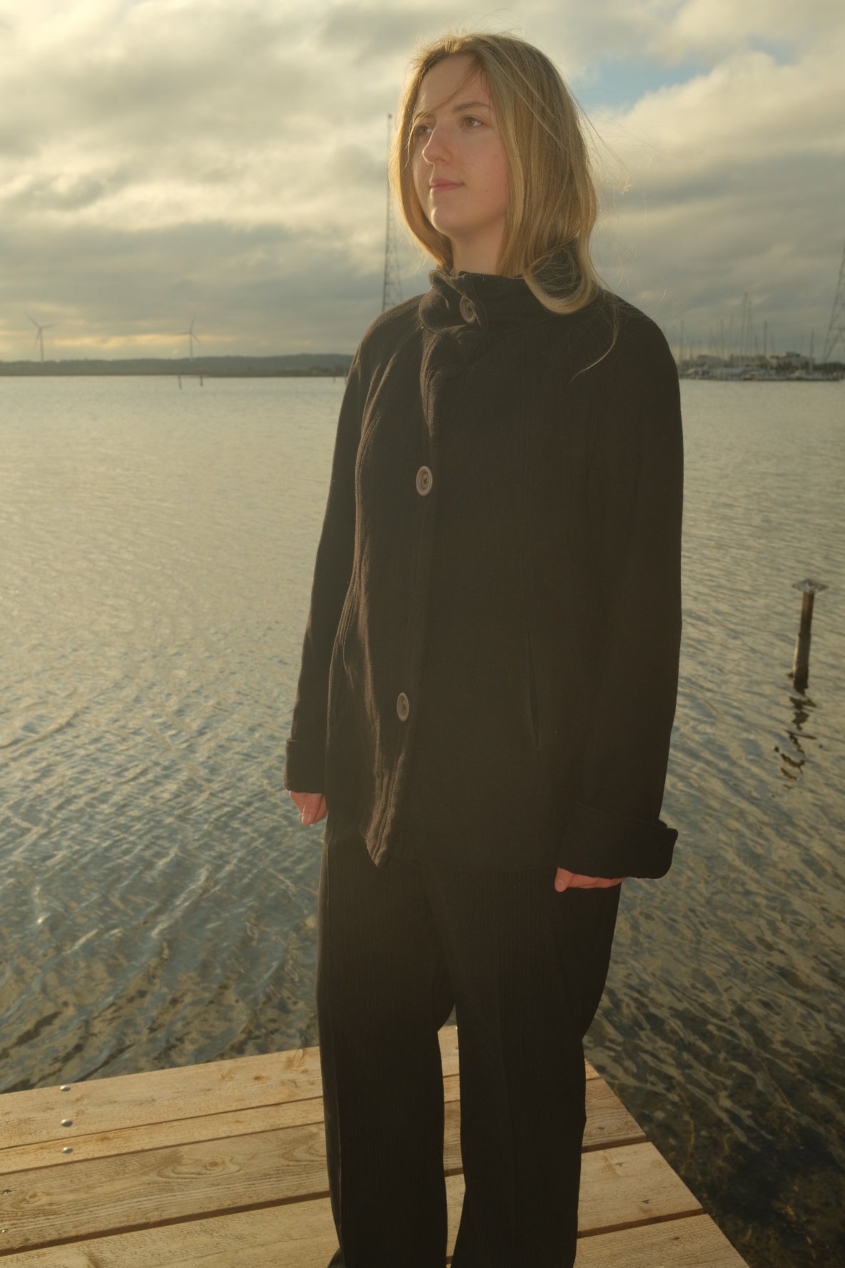 Black short wool coat with large buttons